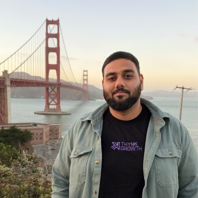 Faraz Ahmed, founder of ThynkGrowth, at the Golden Gate Bridge